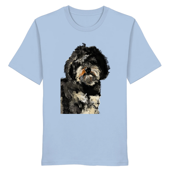 Handgezeichnete Havapoo-Illustration "Wuschel" auf einem hellblauen Bio-T-Shirt.