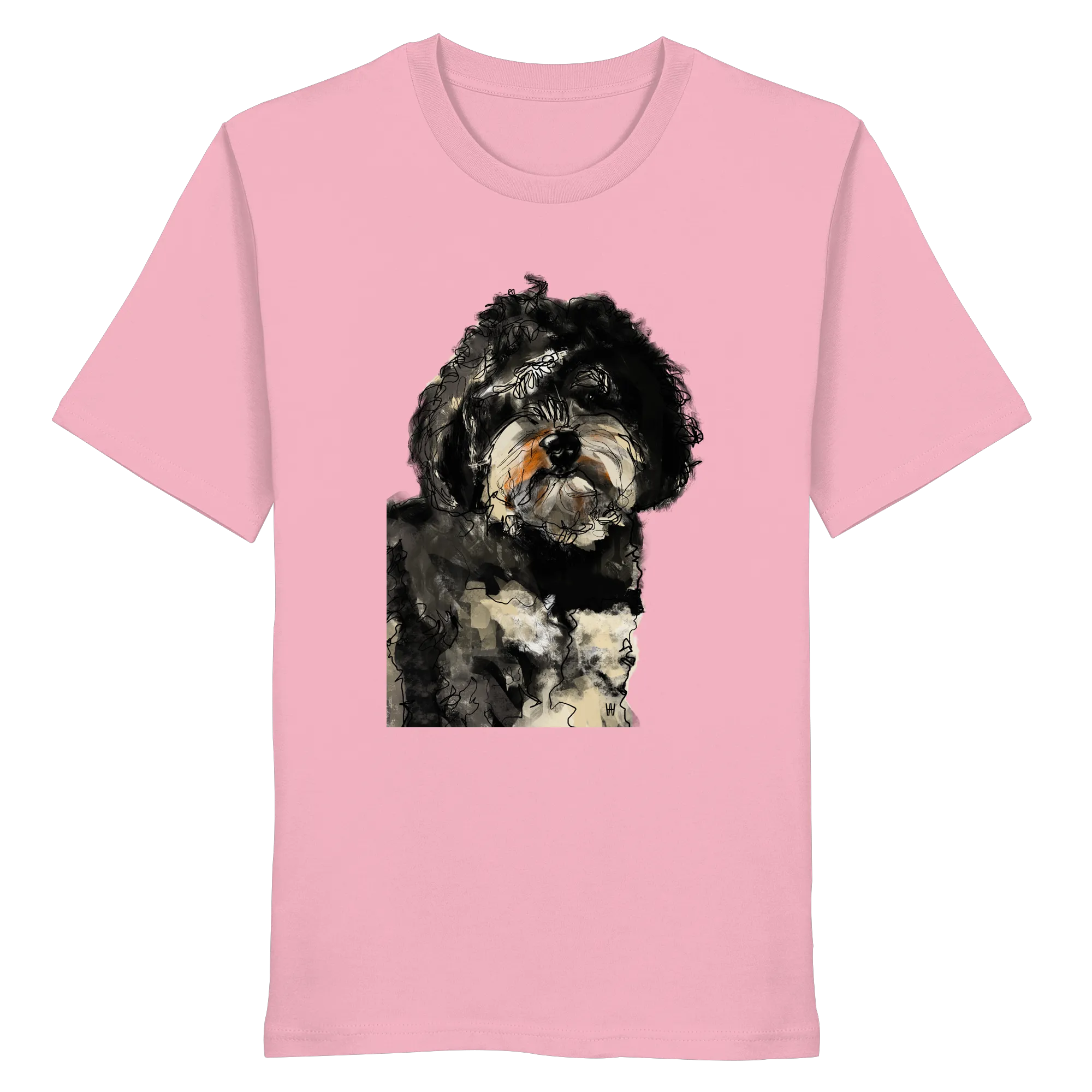 Handgezeichnete Havapoo-Illustration "Wuschel" auf einem pinkfarbenen Bio-T-Shirt.