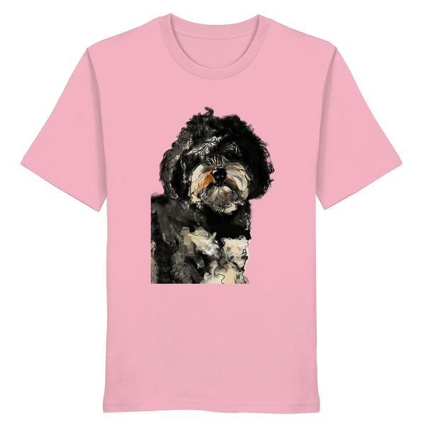 Handgezeichnete Havapoo-Illustration "Wuschel" auf einem pinkfarbenen Bio-T-Shirt.