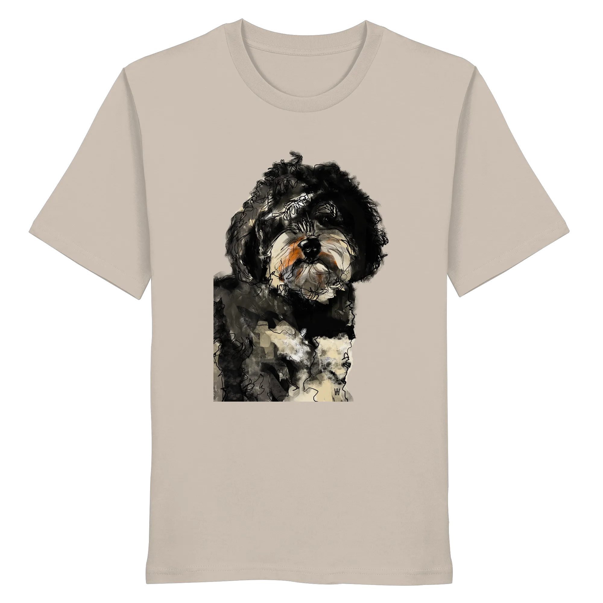Handgezeichnete Havapoo-Illustration "Wuschel" auf einem sandfarbenen Bio-T-Shirt.