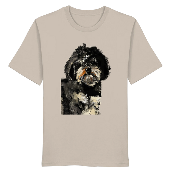 Handgezeichnete Havapoo-Illustration "Wuschel" auf einem sandfarbenen Bio-T-Shirt.