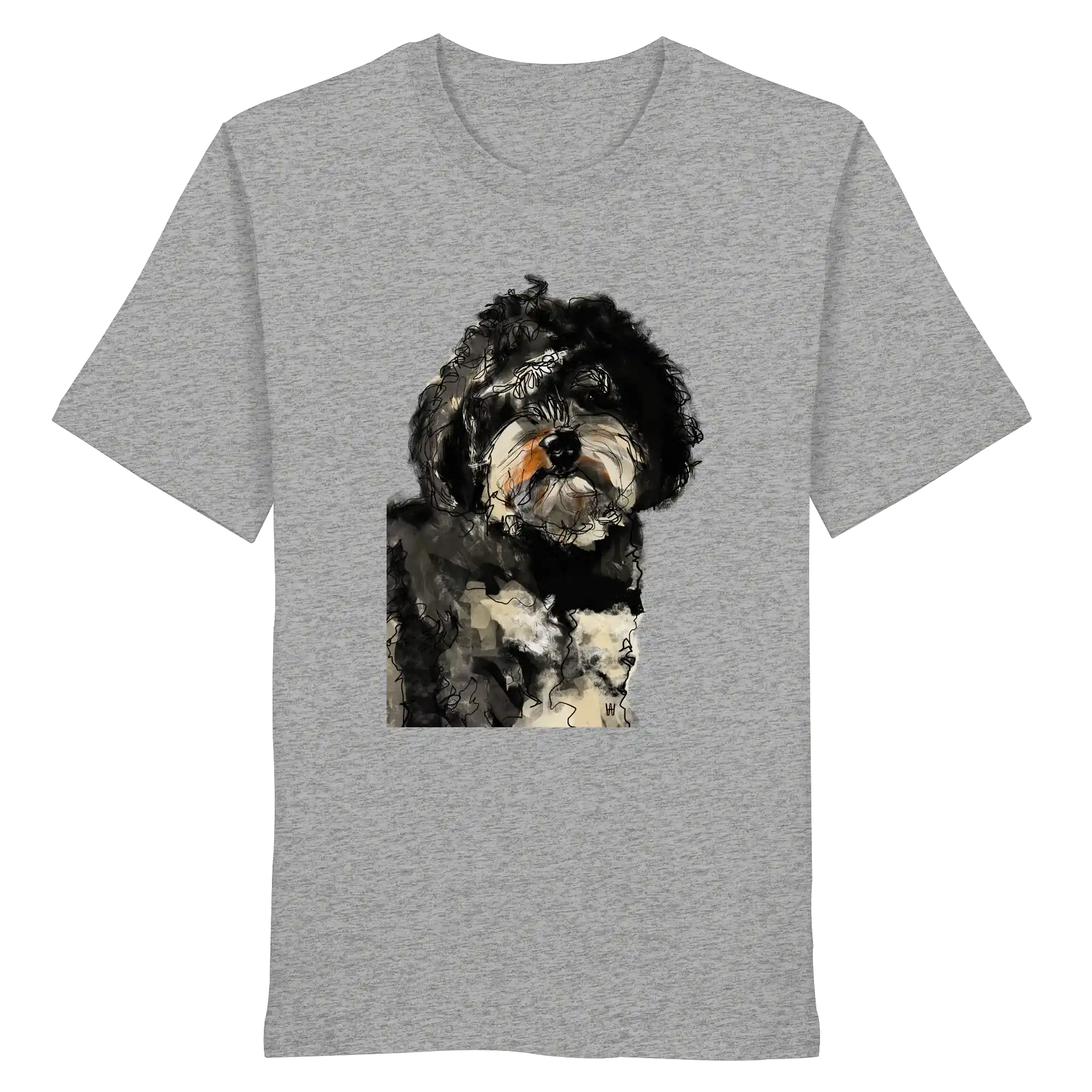 Handgezeichnete Havapoo-Illustration "Wuschel" auf einem Bio-T-Shirt in heather grey