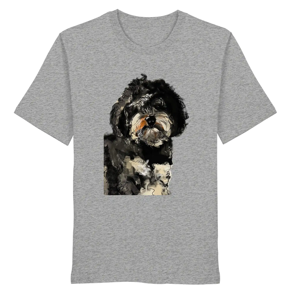 Handgezeichnete Havapoo-Illustration "Wuschel" auf einem Bio-T-Shirt in heather grey