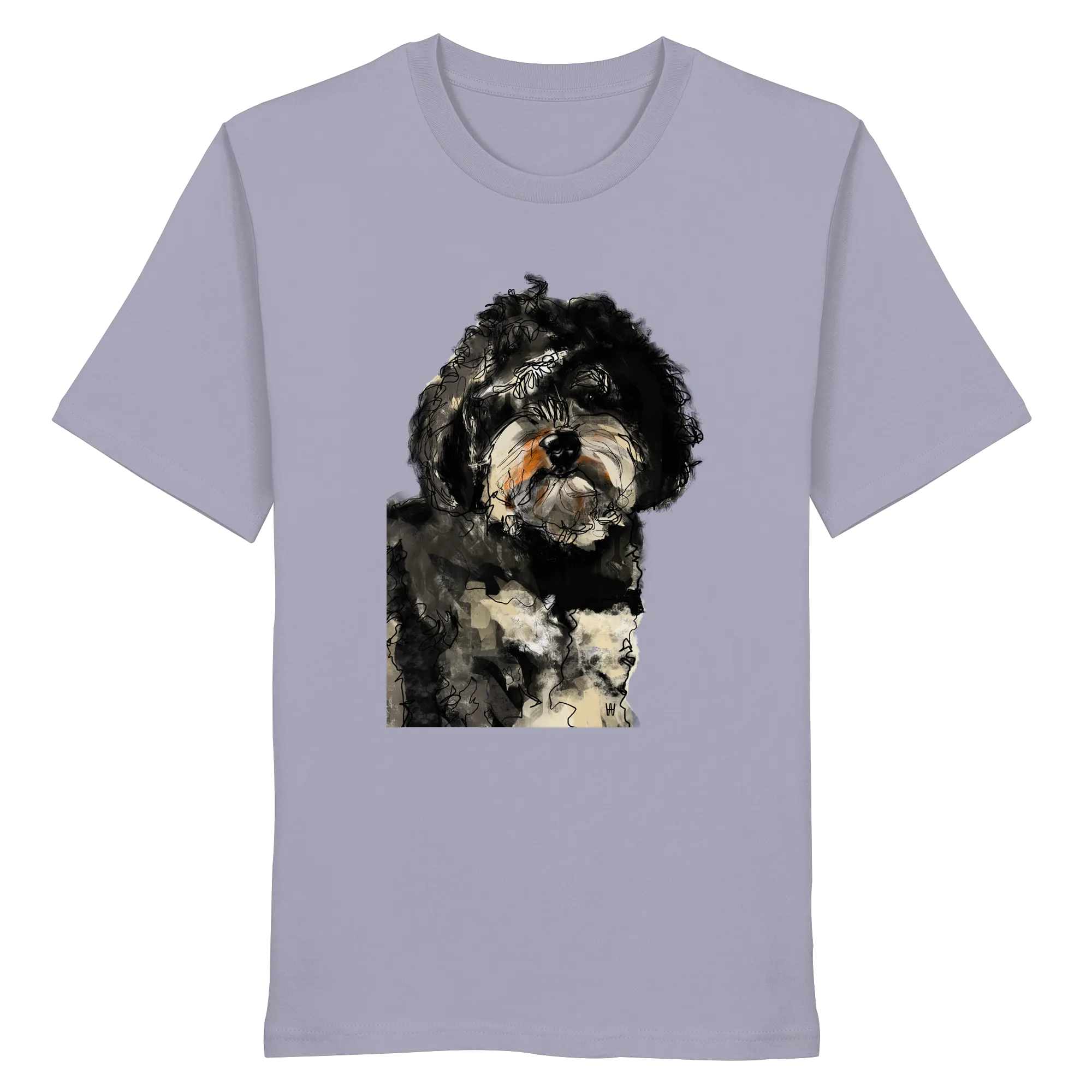 Handgezeichnete Havapoo-Illustration "Wuschel" auf einem violetten Bio-T-Shirt.