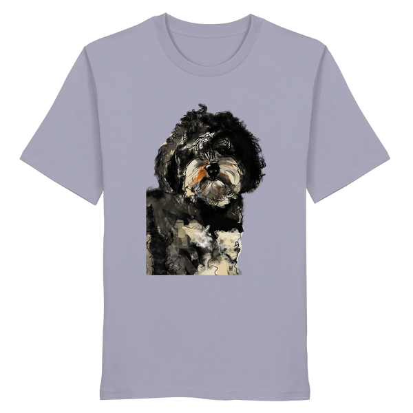Handgezeichnete Havapoo-Illustration "Wuschel" auf einem violetten Bio-T-Shirt.