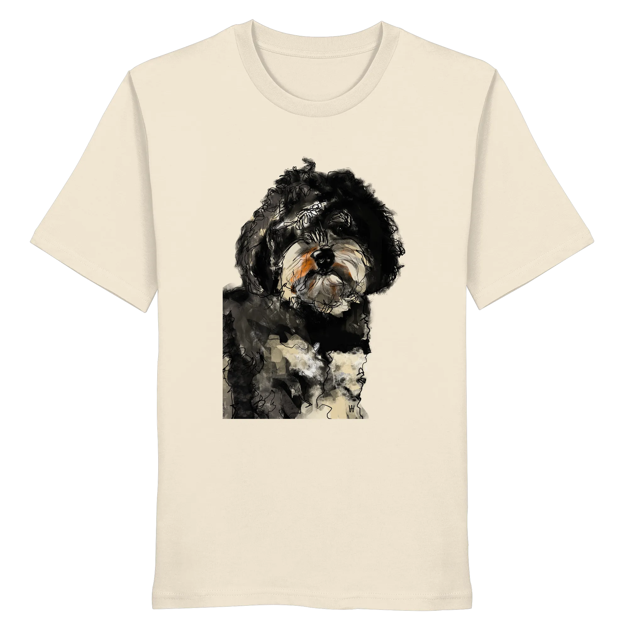 Handgezeichnete Havapoo-Illustration "Wuschel" auf einem cremefarbenen Bio-T-Shirt.