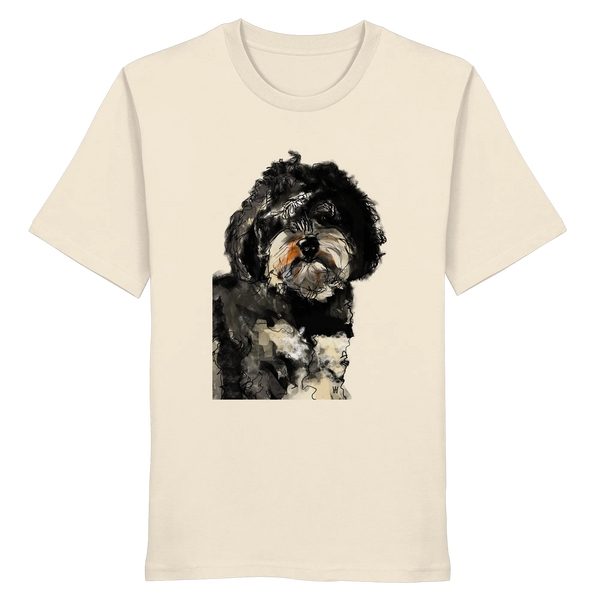 Handgezeichnete Havapoo-Illustration "Wuschel" auf einem cremefarbenen Bio-T-Shirt.