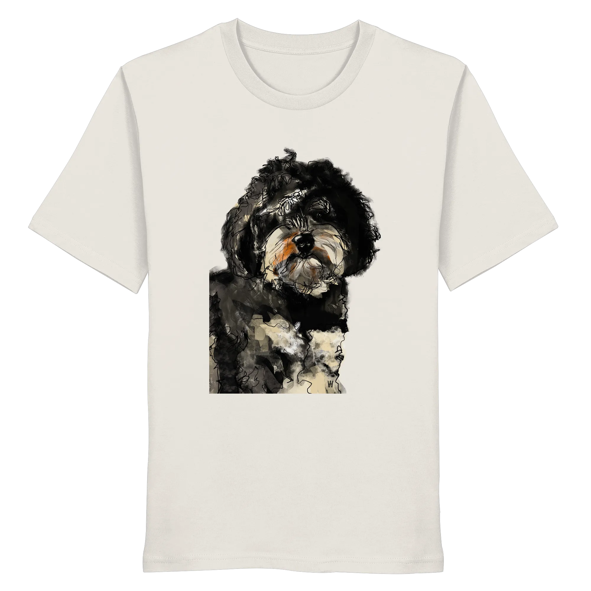 Handgezeichnete Havapoo-Illustration "Wuschel" auf einem Bio-T-Shirt in offwhite.