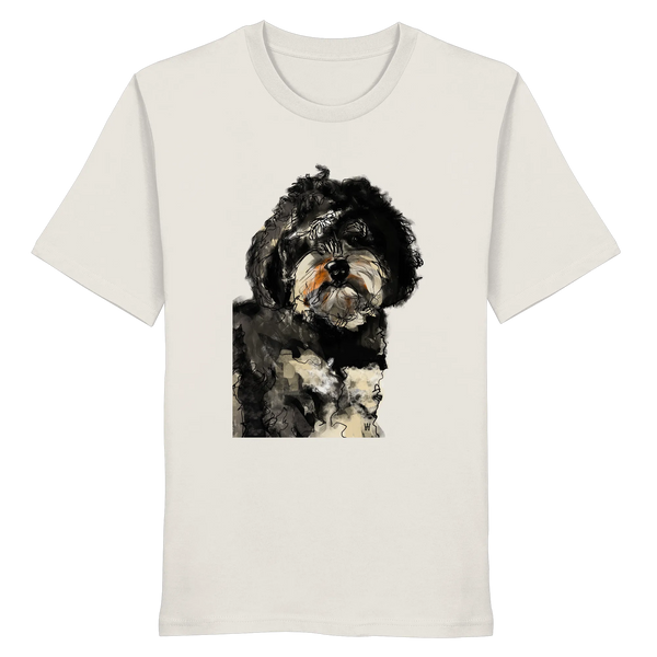 Handgezeichnete Havapoo-Illustration "Wuschel" auf einem Bio-T-Shirt in offwhite.