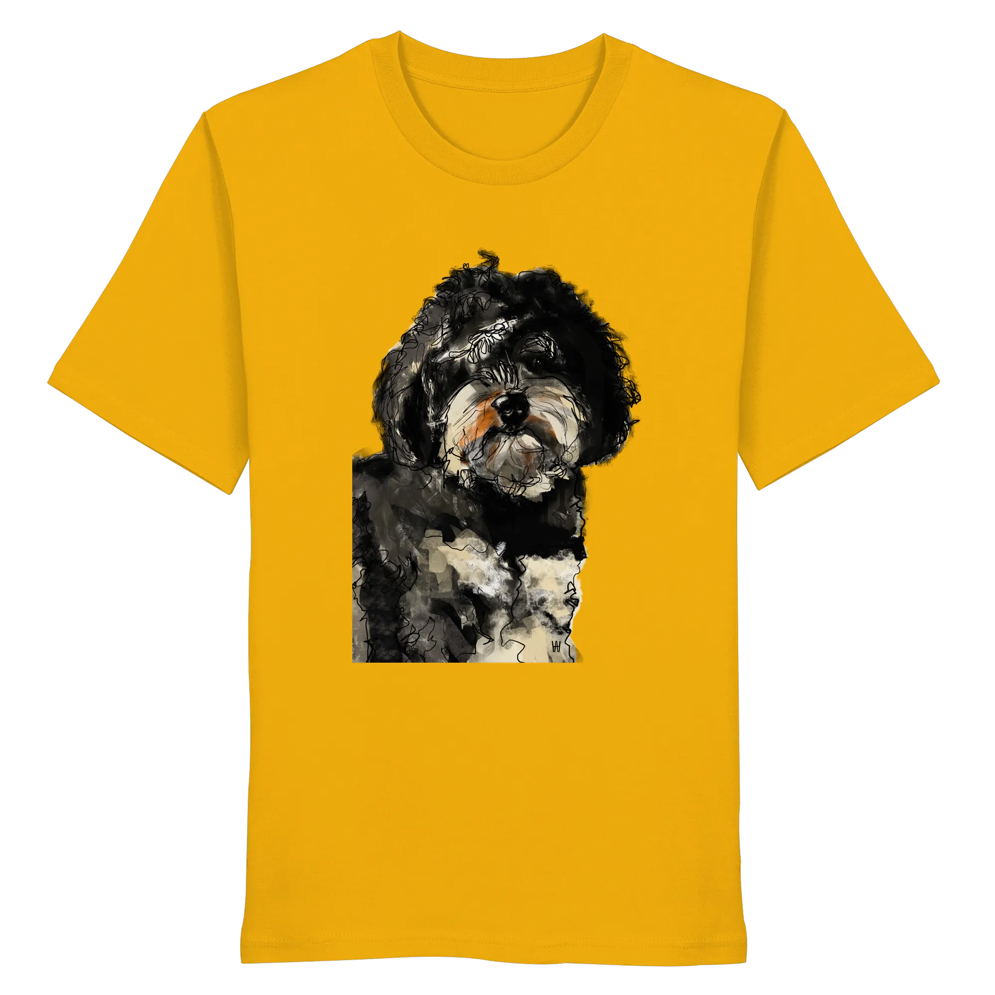 Handgezeichnete Havapoo-Illustration "Wuschel" auf einem sonnengelben Bio-T-Shirt.