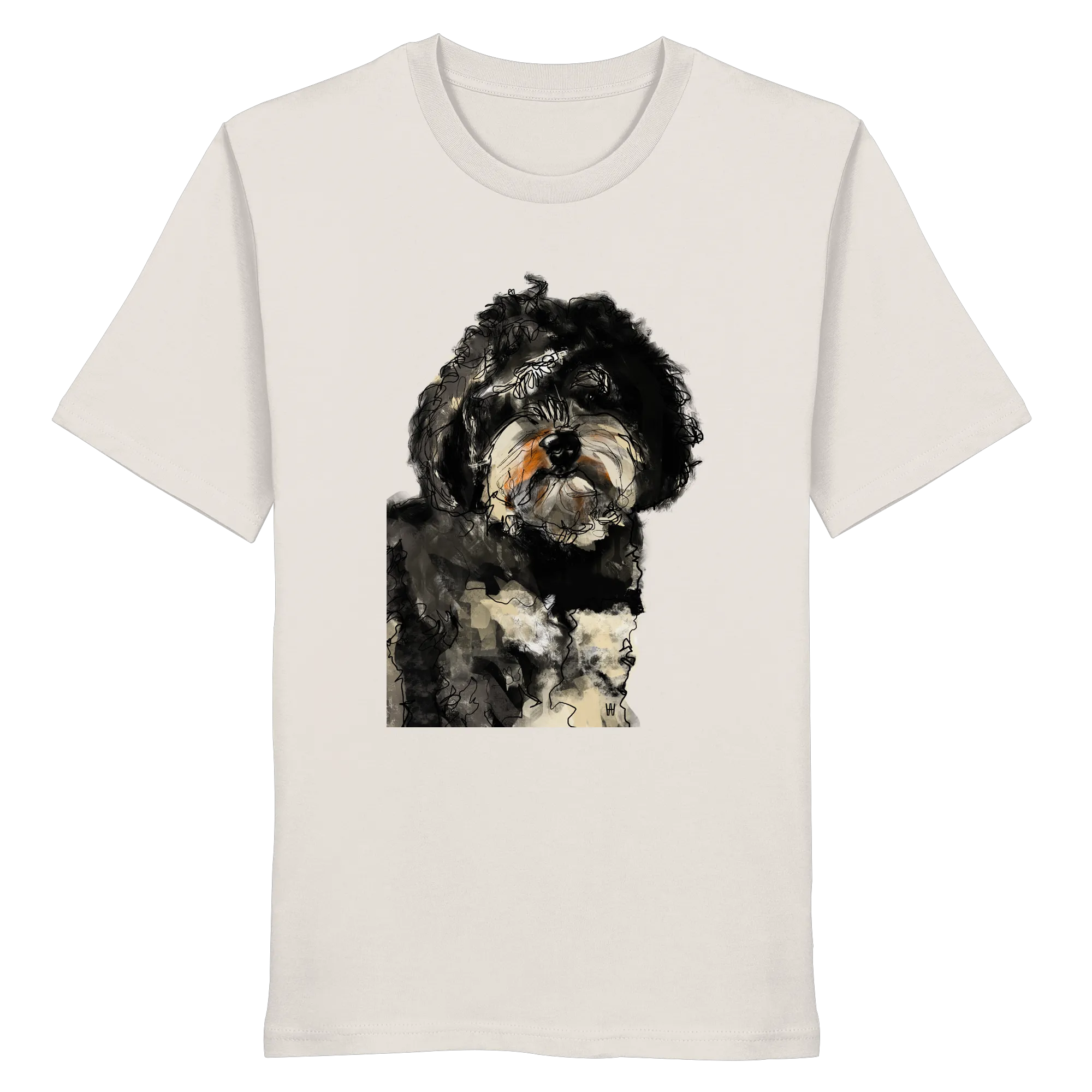 Handgezeichnete Havapoo-Illustration "Wuschel" auf einem altweißen Bio-T-Shirt.