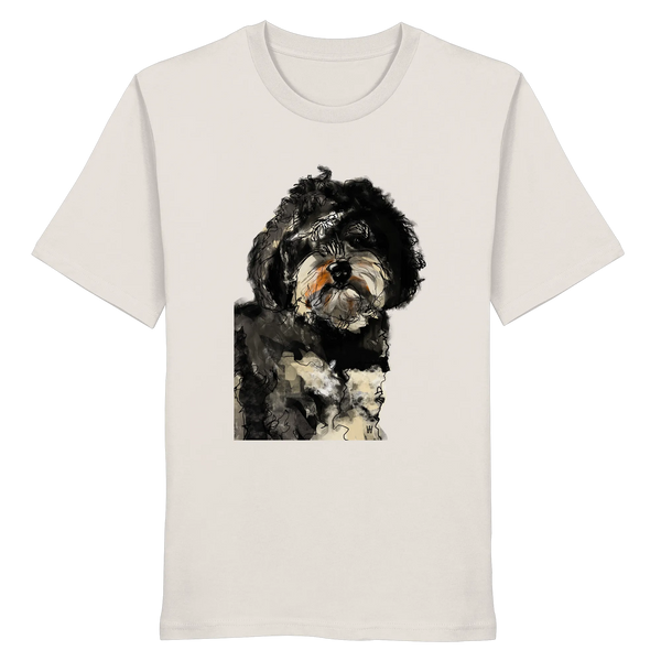 Handgezeichnete Havapoo-Illustration "Wuschel" auf einem altweißen Bio-T-Shirt.