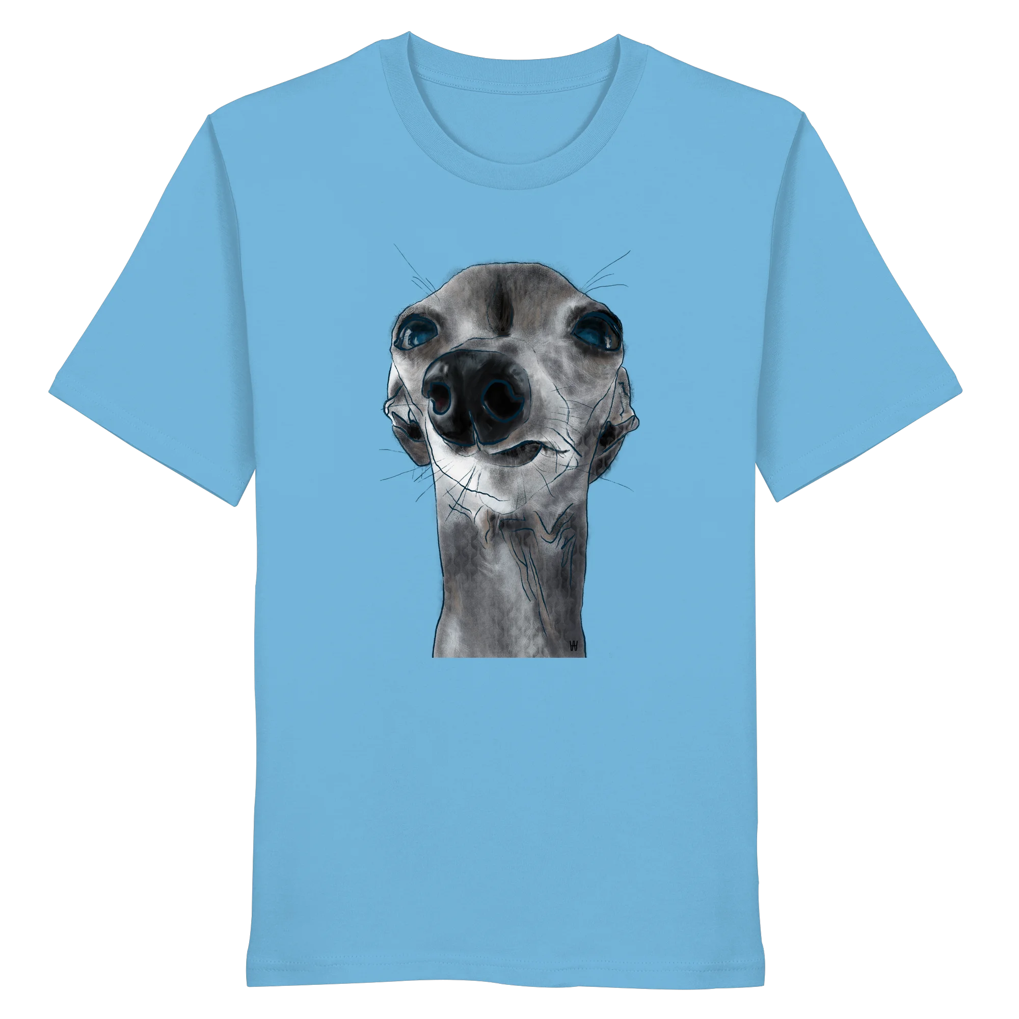 Handgezeichnete Iggy-Illustration Freigeist auf einem Bio-T-Shirt in Wasserblau