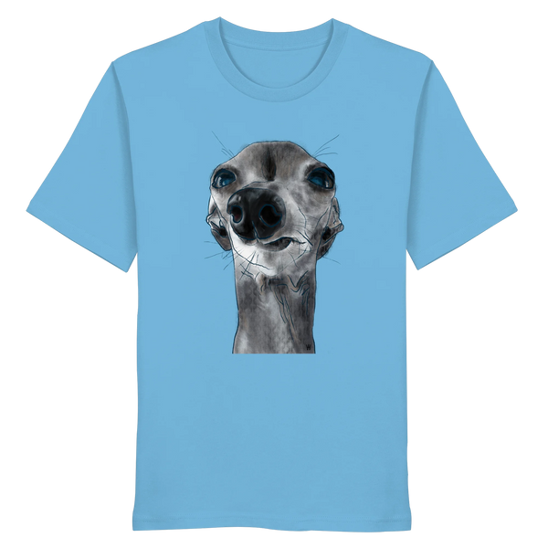 Handgezeichnete Iggy-Illustration Freigeist auf einem Bio-T-Shirt in Wasserblau