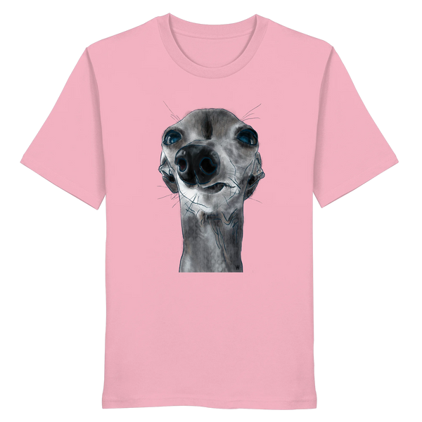Handgezeichnete Iggy-Illustration Freigeist auf einem Bio-T-Shirt in Pink