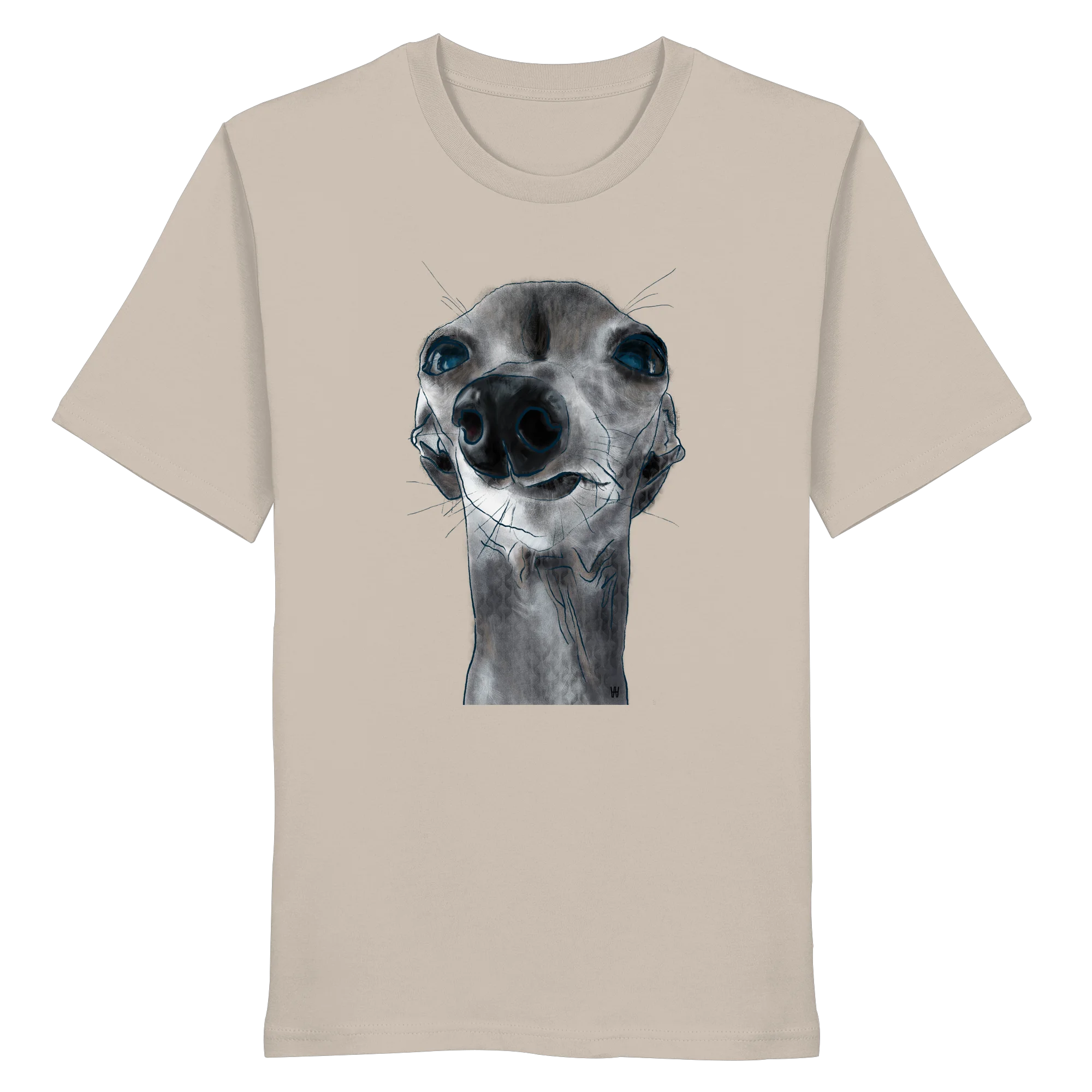 Handgezeichnete Iggy-Illustration Freigeist auf einem Bio-T-Shirt in Sandbeige