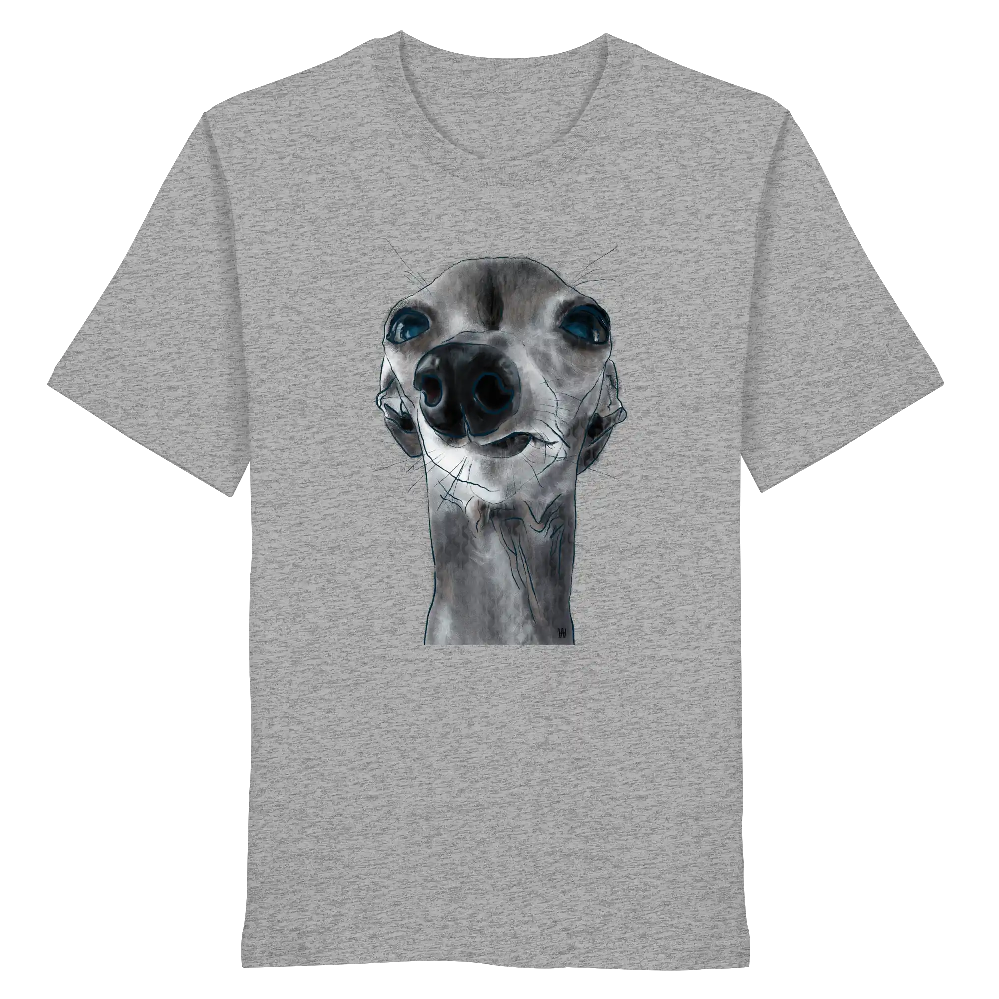 Handgezeichnete Iggy-Illustration Freigeist auf einem Bio-T-Shirt in Hellgrau meliert