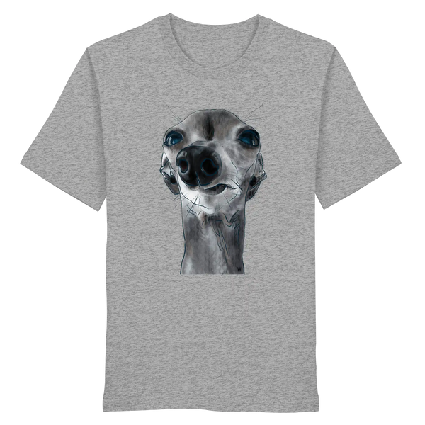 Handgezeichnete Iggy-Illustration Freigeist auf einem Bio-T-Shirt in Hellgrau meliert