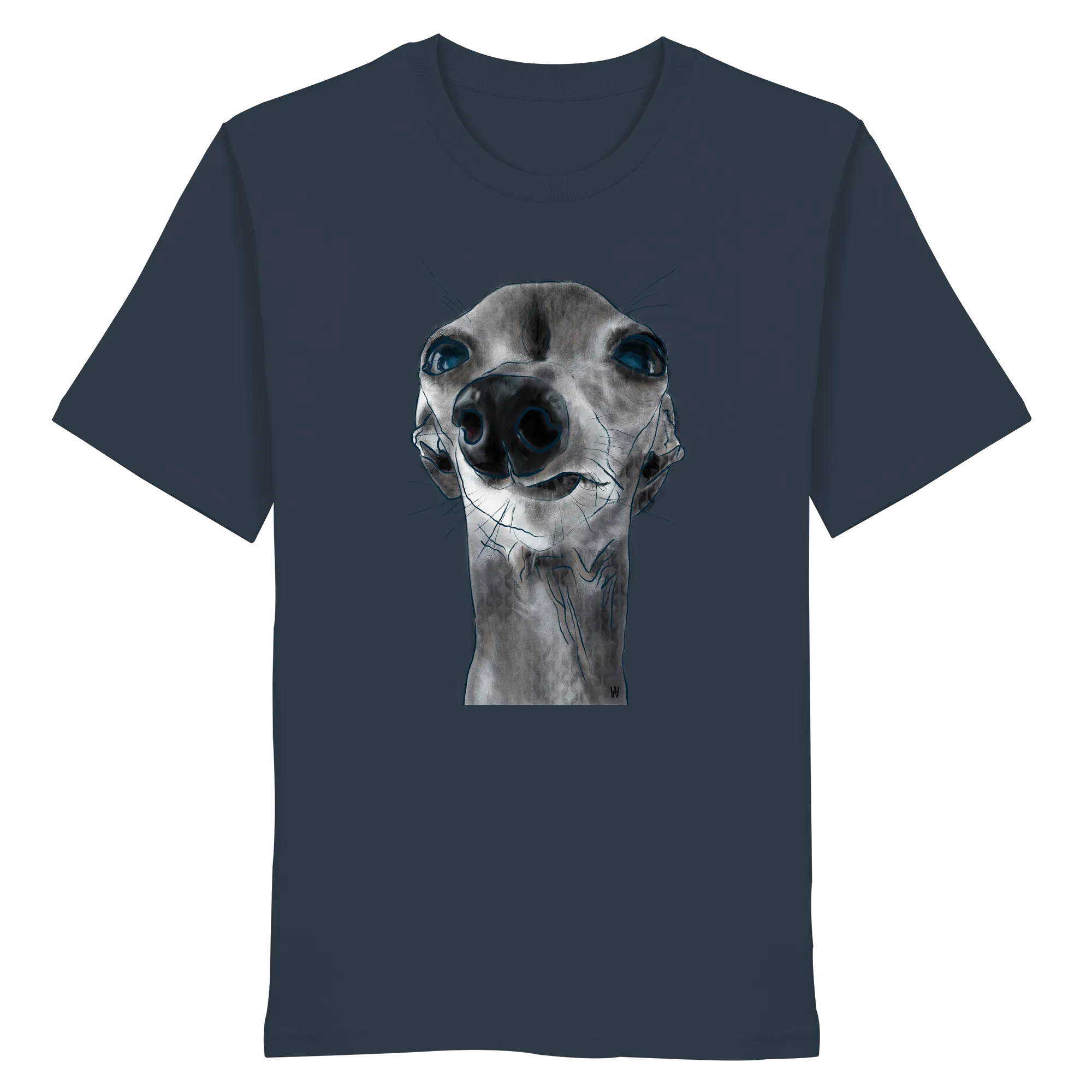 Handgezeichnete Iggy-Illustration Freigeist auf einem Bio-T-Shirt in Blaugrau