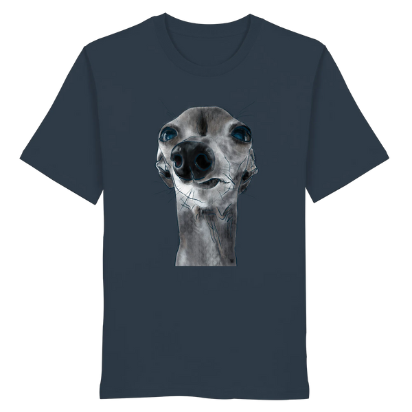 Handgezeichnete Iggy-Illustration Freigeist auf einem Bio-T-Shirt in Blaugrau