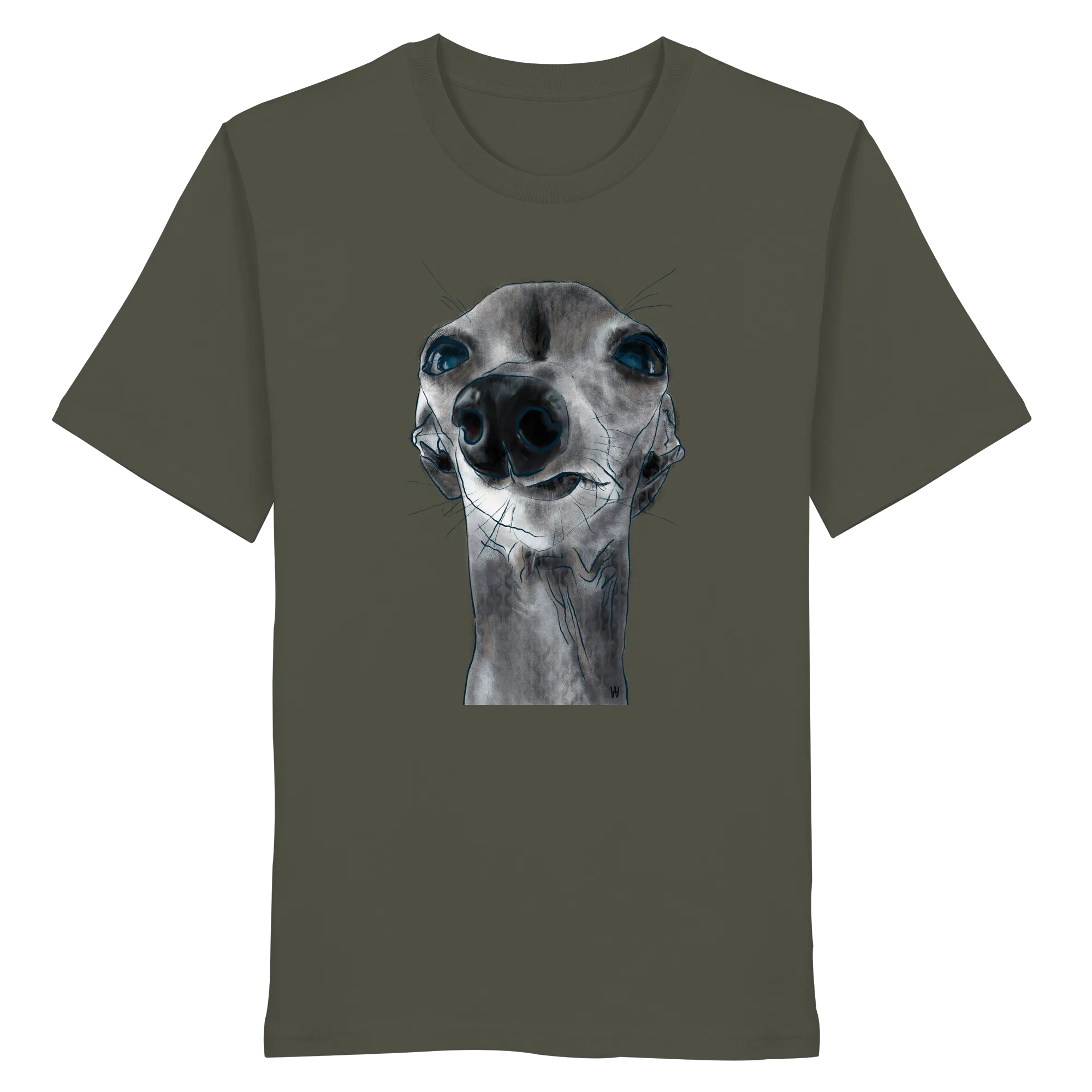 Handgezeichnete Iggy-Illustration Freigeist auf einem Bio-T-Shirt in Khaki