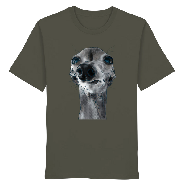 Handgezeichnete Iggy-Illustration Freigeist auf einem Bio-T-Shirt in Khaki