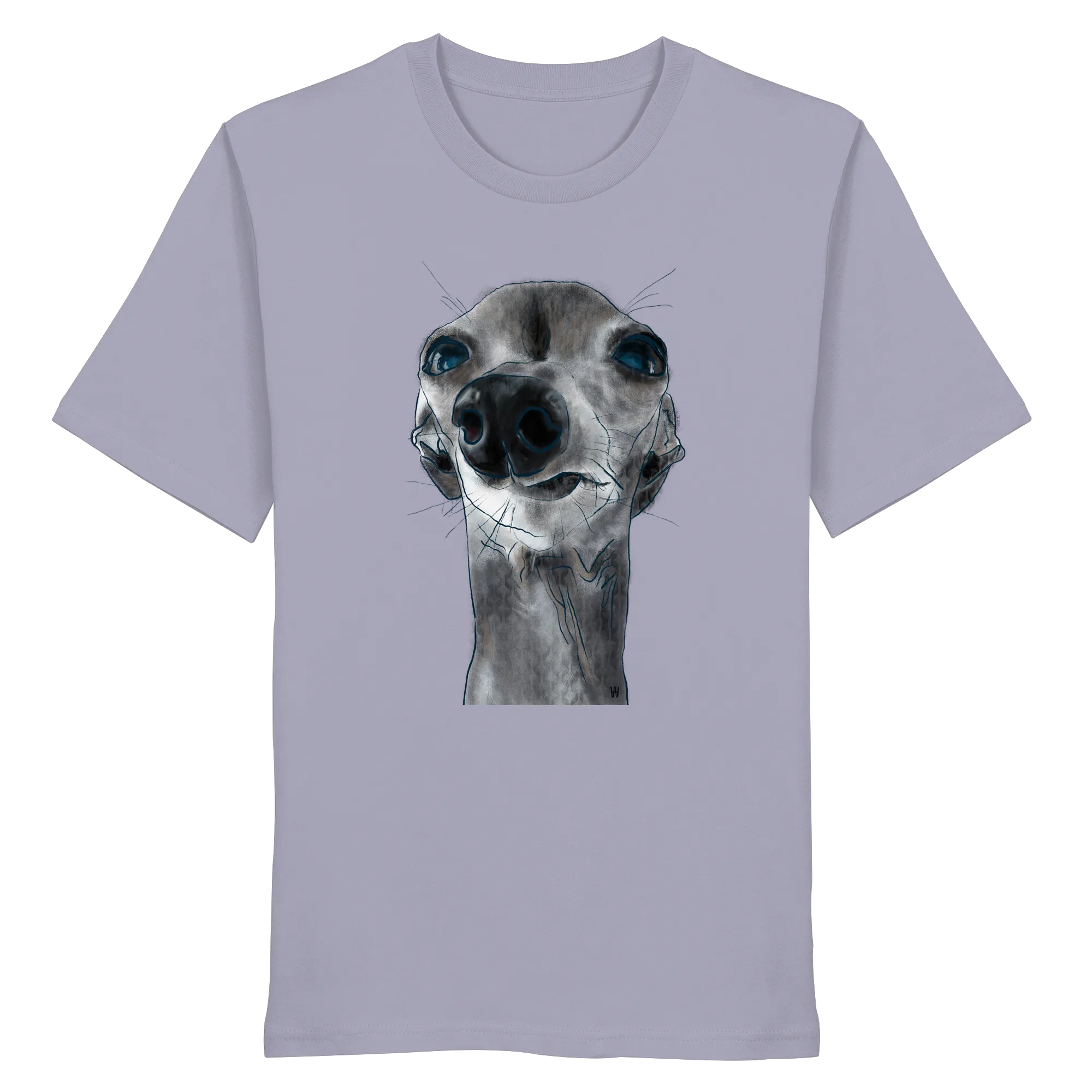 Handgezeichnete Iggy-Illustration Freigeist auf einem Bio-T-Shirt in Lavendel