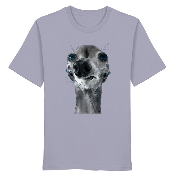 Handgezeichnete Iggy-Illustration Freigeist auf einem Bio-T-Shirt in Lavendel