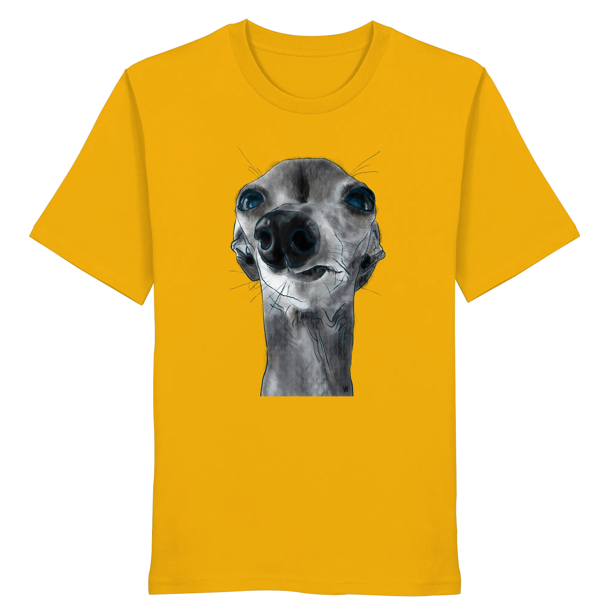 Handgezeichnete Iggy-Illustration Freigeist auf einem Bio-T-Shirt in Sonnengelb