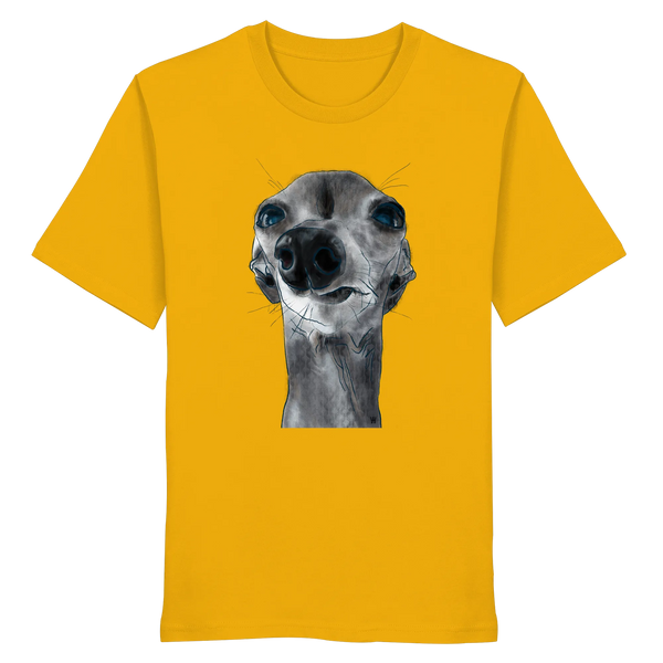 Handgezeichnete Iggy-Illustration Freigeist auf einem Bio-T-Shirt in Sonnengelb