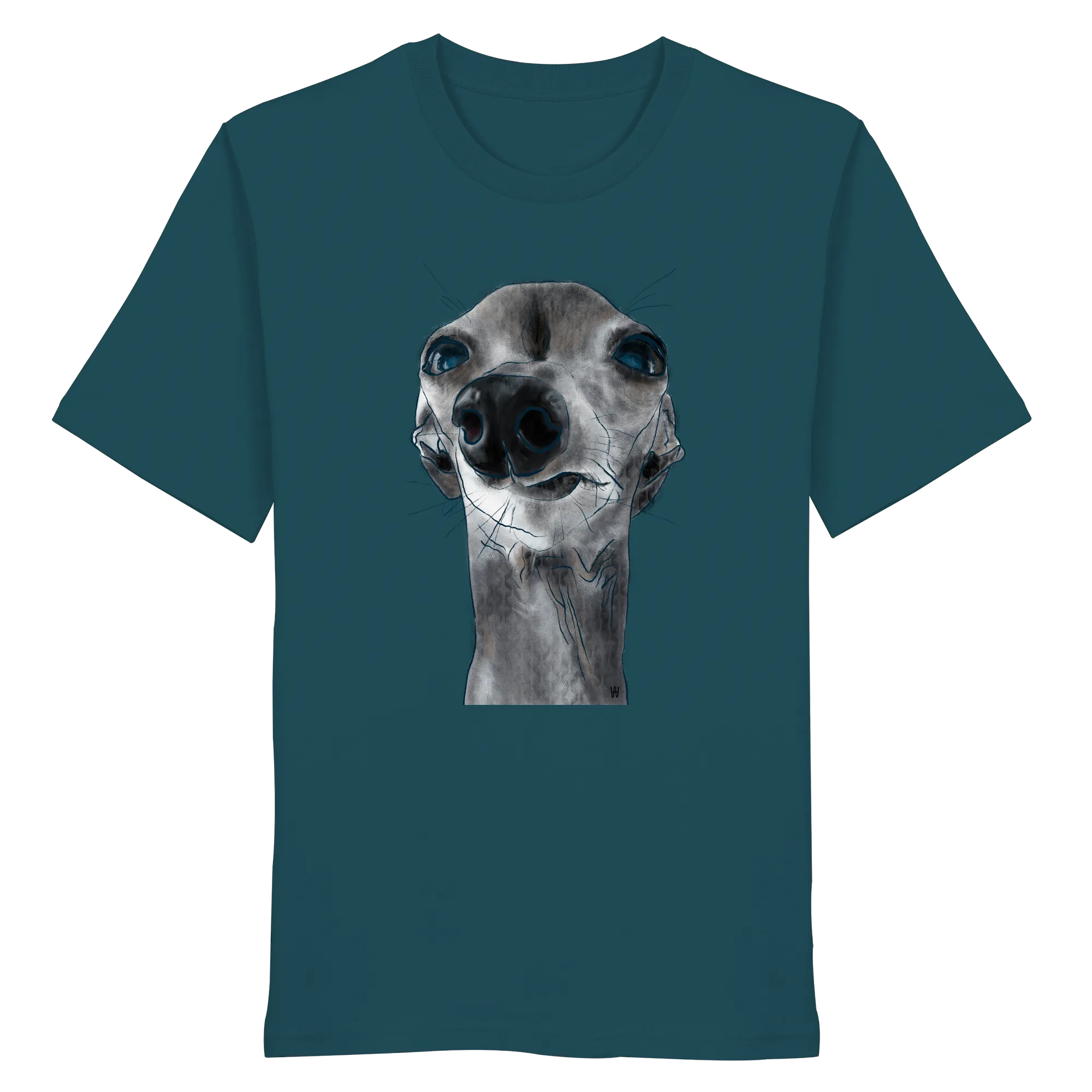 Handgezeichnete Iggy-Illustration Freigeist auf einem Bio-T-Shirt in Petrol