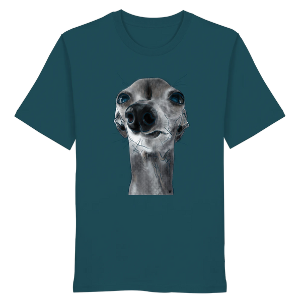 Handgezeichnete Iggy-Illustration Freigeist auf einem Bio-T-Shirt in Petrol