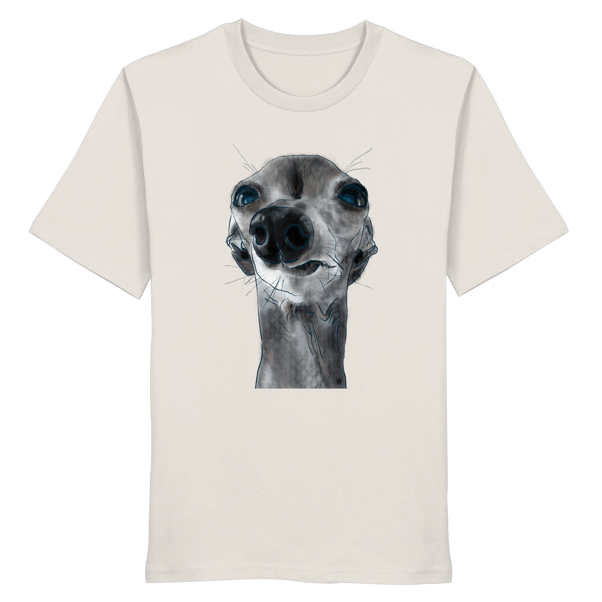 Handgezeichnete Iggy-Illustration Freigeist auf einem Bio-T-Shirt in Altweiß