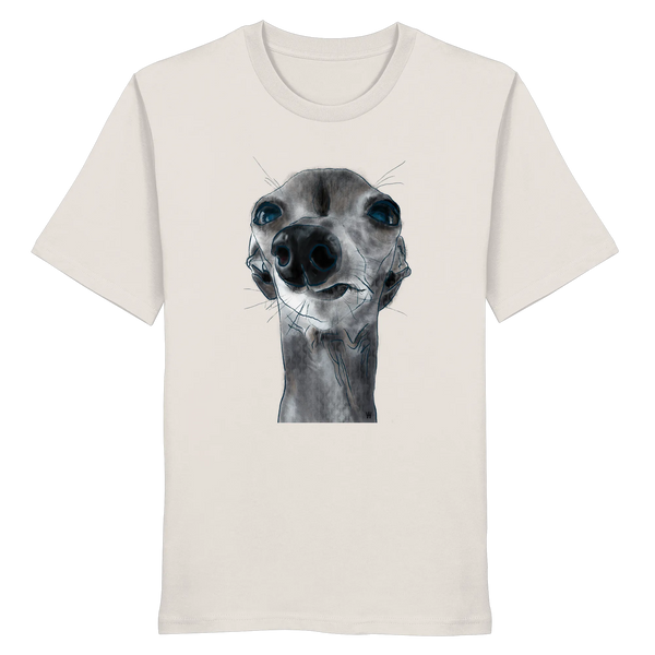 Handgezeichnete Iggy-Illustration Freigeist auf einem Bio-T-Shirt in Altweiß