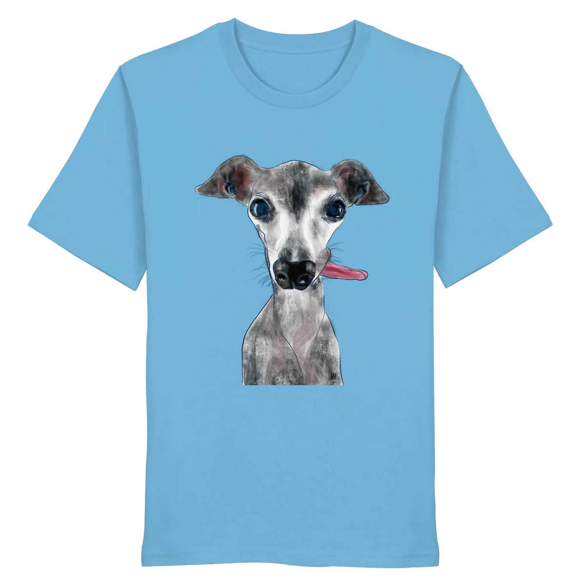 Handgezeichnete Iggy-Illustration Freigeist auf einem Bio-T-Shirt in Wasserblau