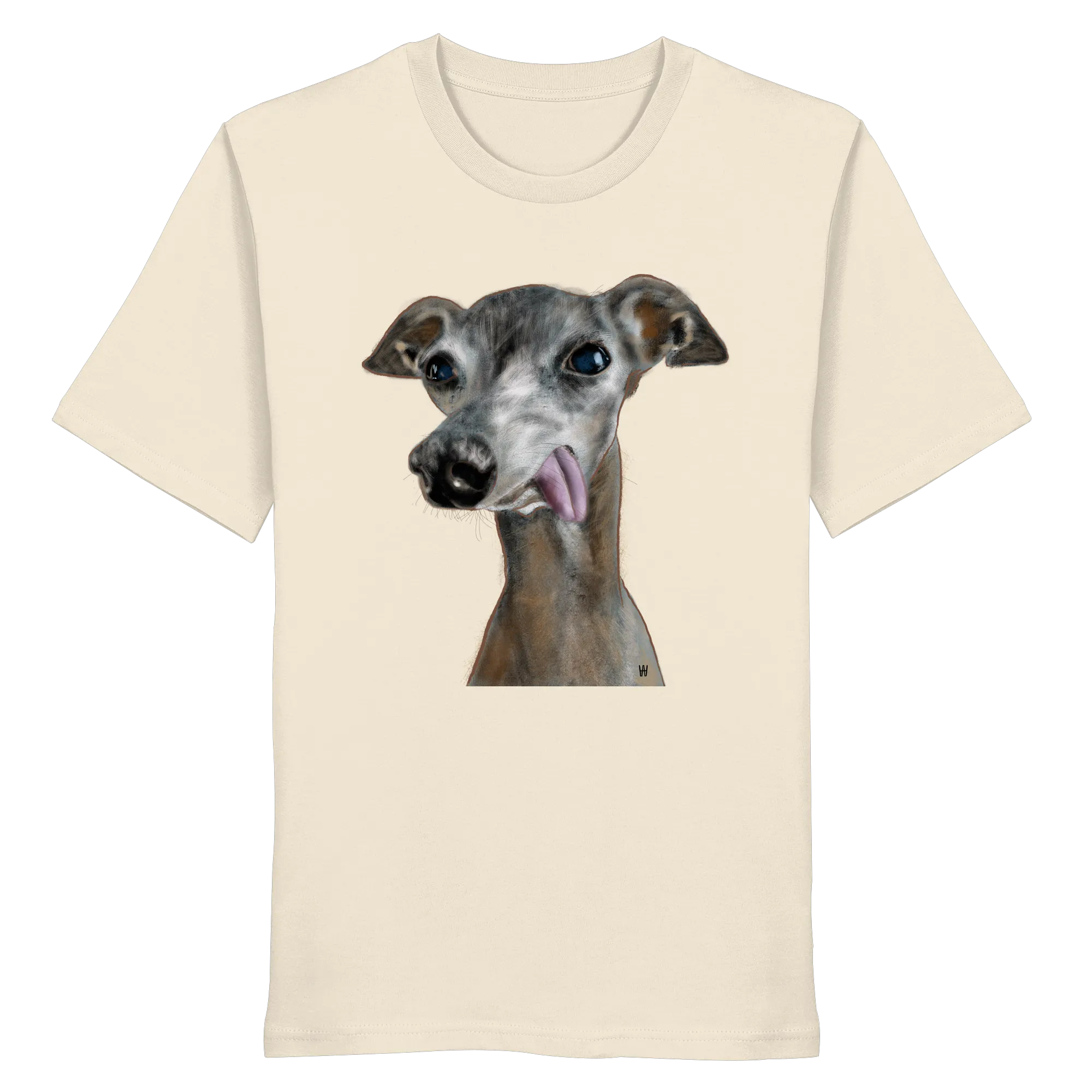 Handgezeichnete Illustration des Italienischen Windspiels "Freigeist" auf einem cremweißen Bio-T-Shirt