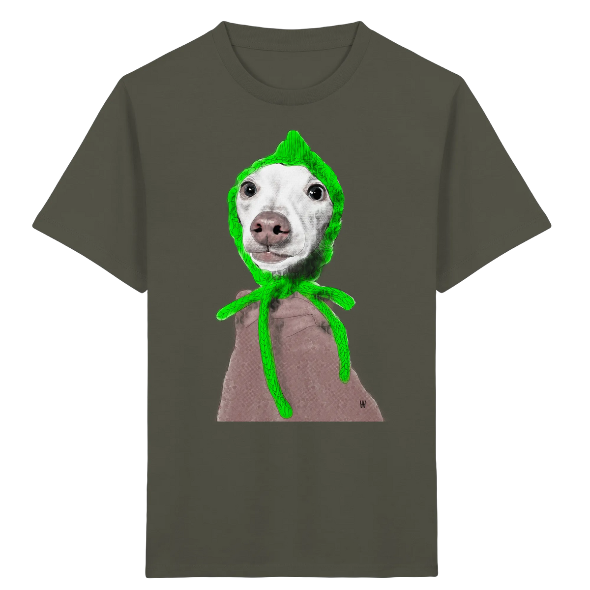 Handgezeichnete Iggy-Illustration Geduldig auf einem Bio Kinder T-Shirt in Khakigrün