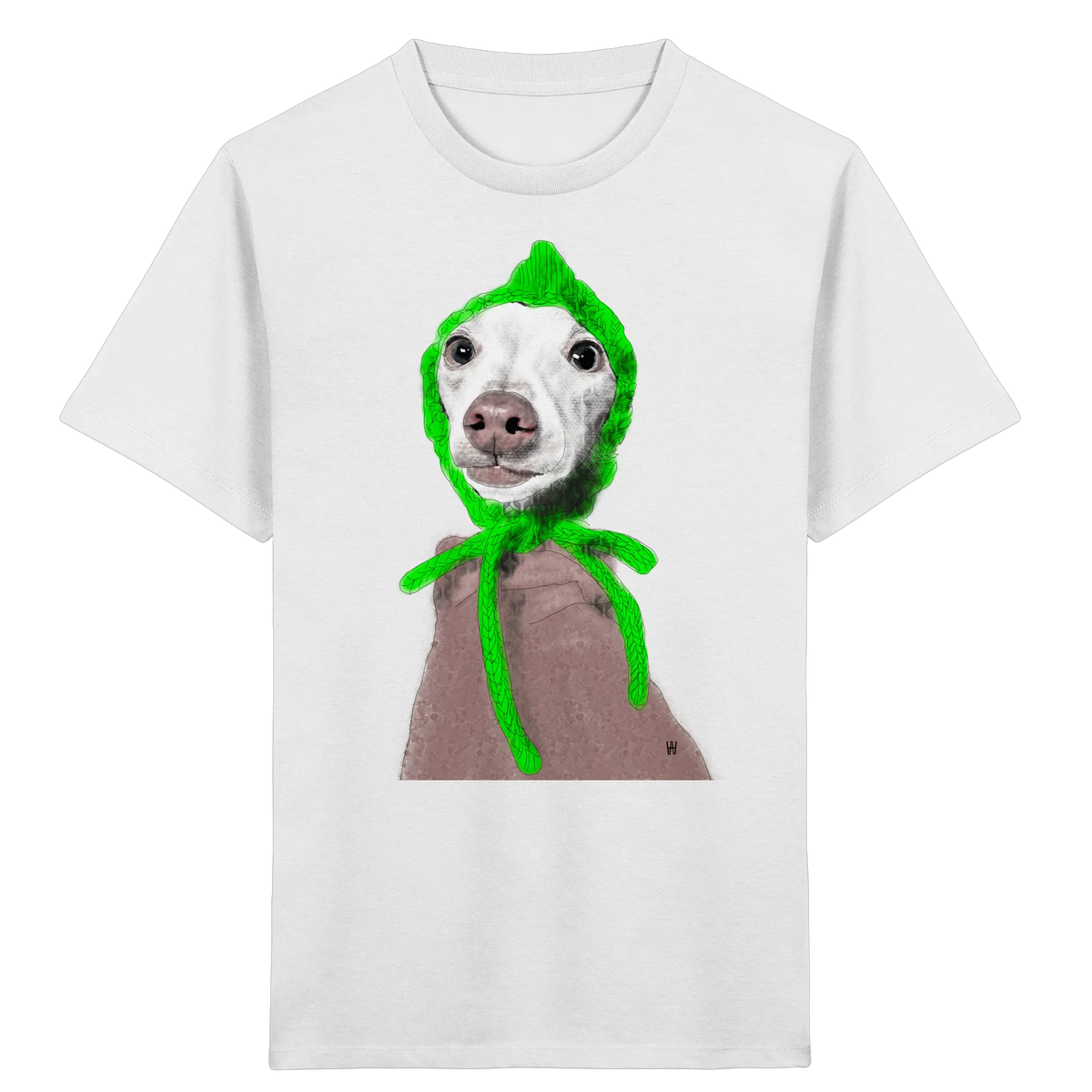 Handgezeichnete Iggy-Illustration Geduldig auf einem Bio Kinder T-Shirt in Weiß