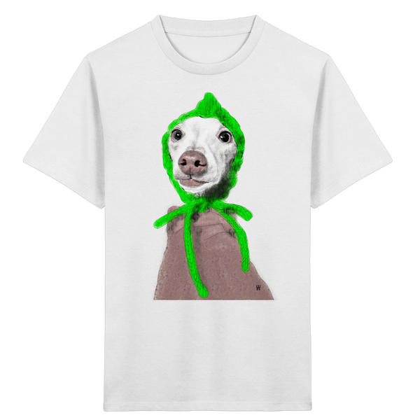 Handgezeichnete Iggy-Illustration Geduldig auf einem Bio Kinder T-Shirt in Weiß