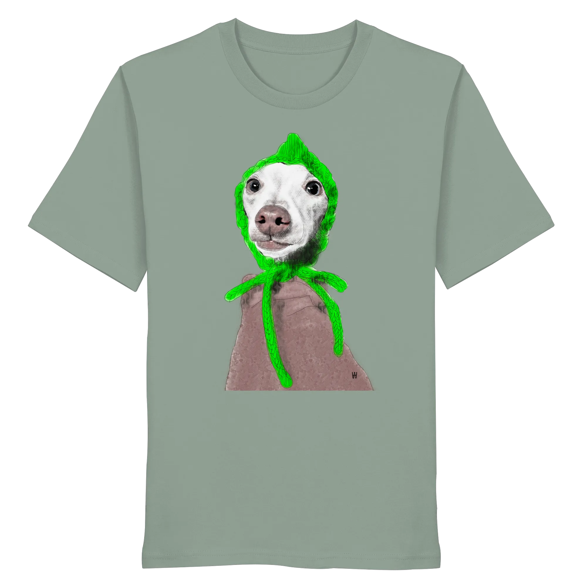 Handgezeichnete Iggy-Illustration "Geduldig" auf einem salbeigrünen Bio-T-Shirt
