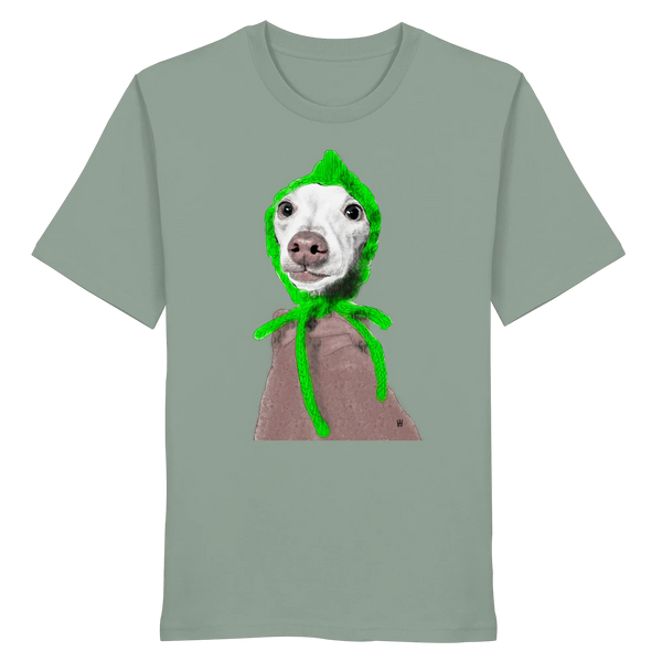 Handgezeichnete Iggy-Illustration "Geduldig" auf einem salbeigrünen Bio-T-Shirt