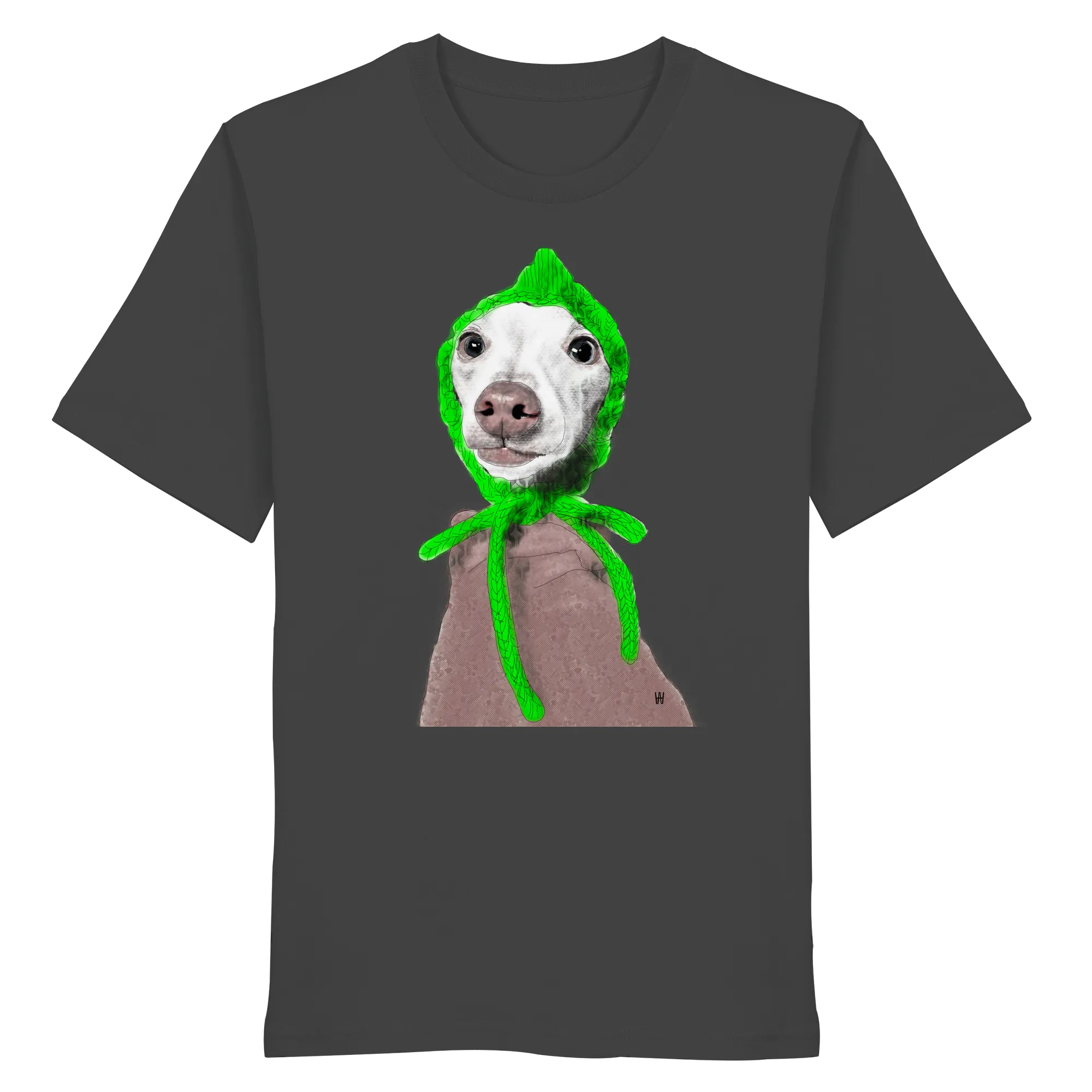Handgezeichnete Iggy-Illustration "Geduldig" auf einem Bio-T-Shirt in Anthrazit