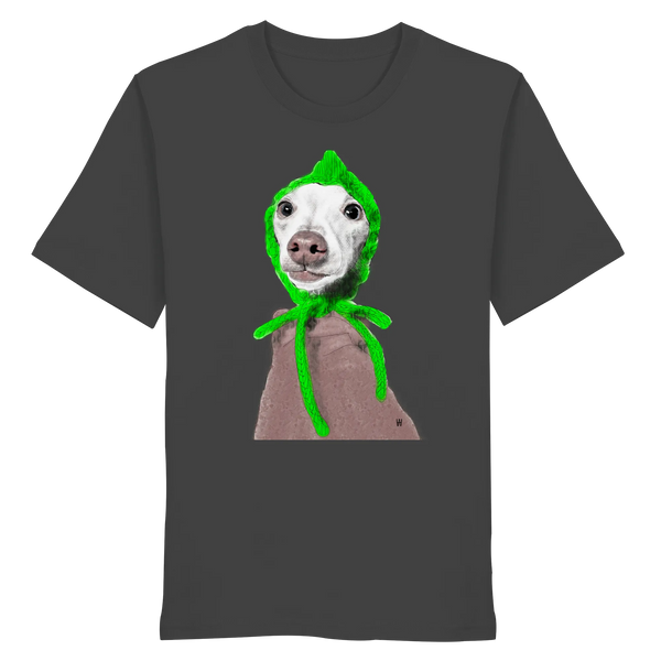 Handgezeichnete Iggy-Illustration "Geduldig" auf einem Bio-T-Shirt in Anthrazit