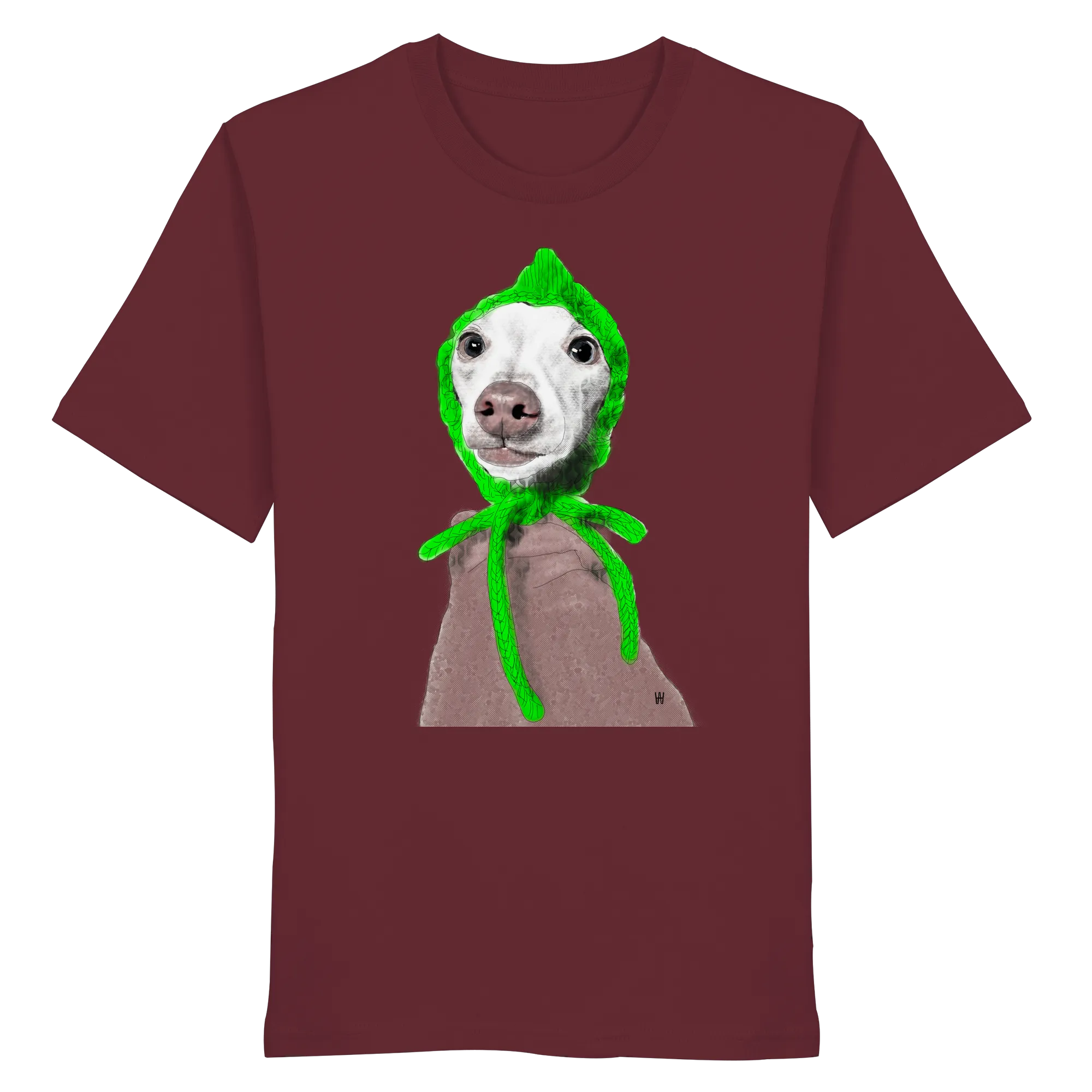 Handgezeichnete Iggy-Illustration "Geduldig" auf einem weinroten Bio-T-Shirt
