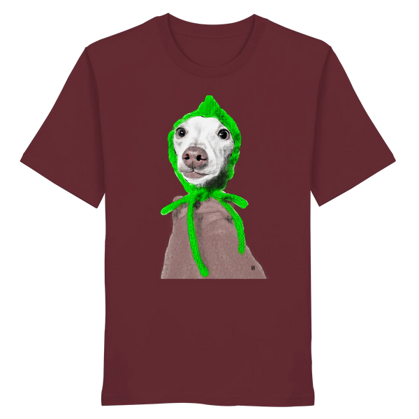 Handgezeichnete Iggy-Illustration "Geduldig" auf einem weinroten Bio-T-Shirt