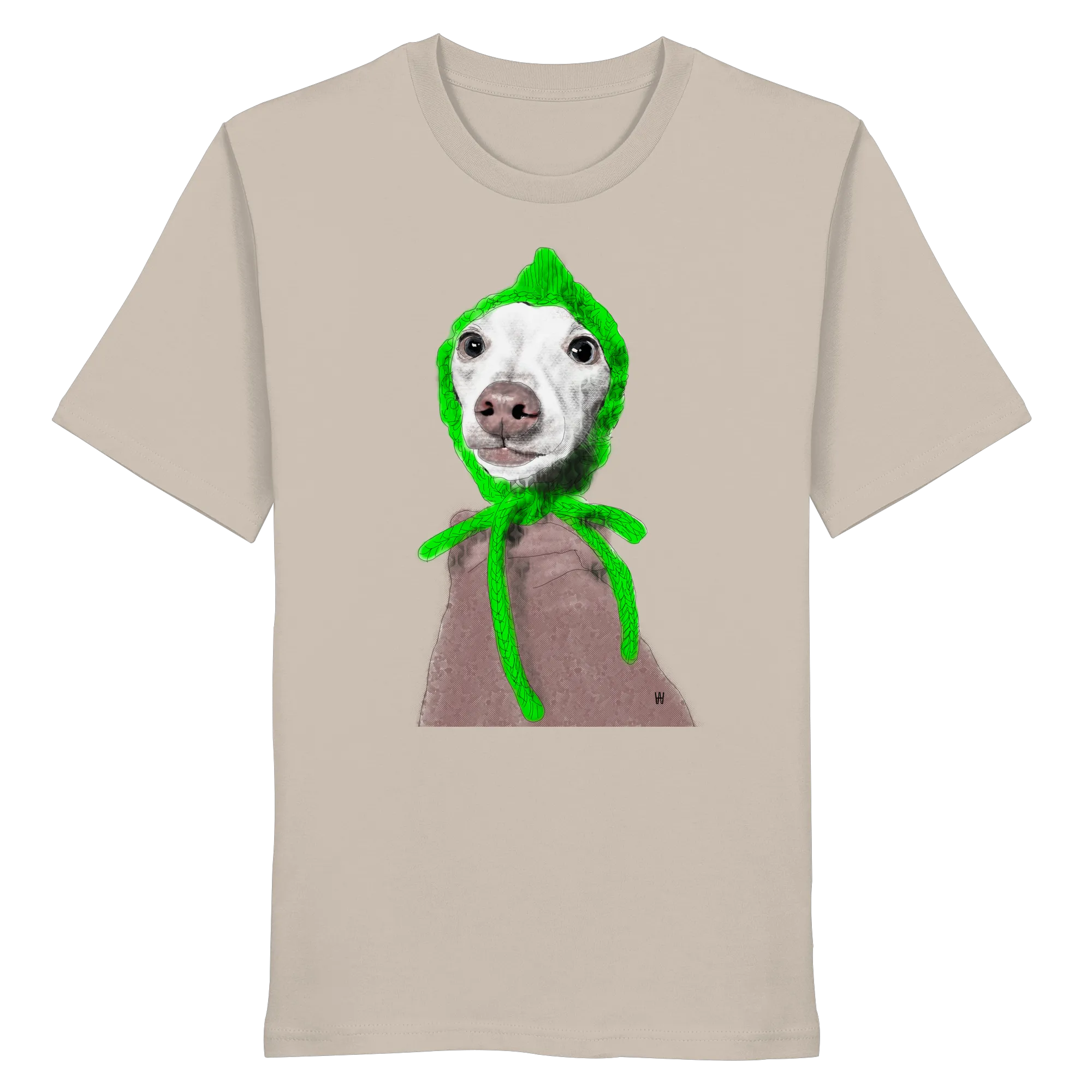 Handgezeichnete Iggy-Illustration "Geduldig" auf einem sandbeigen Bio-T-Shirt