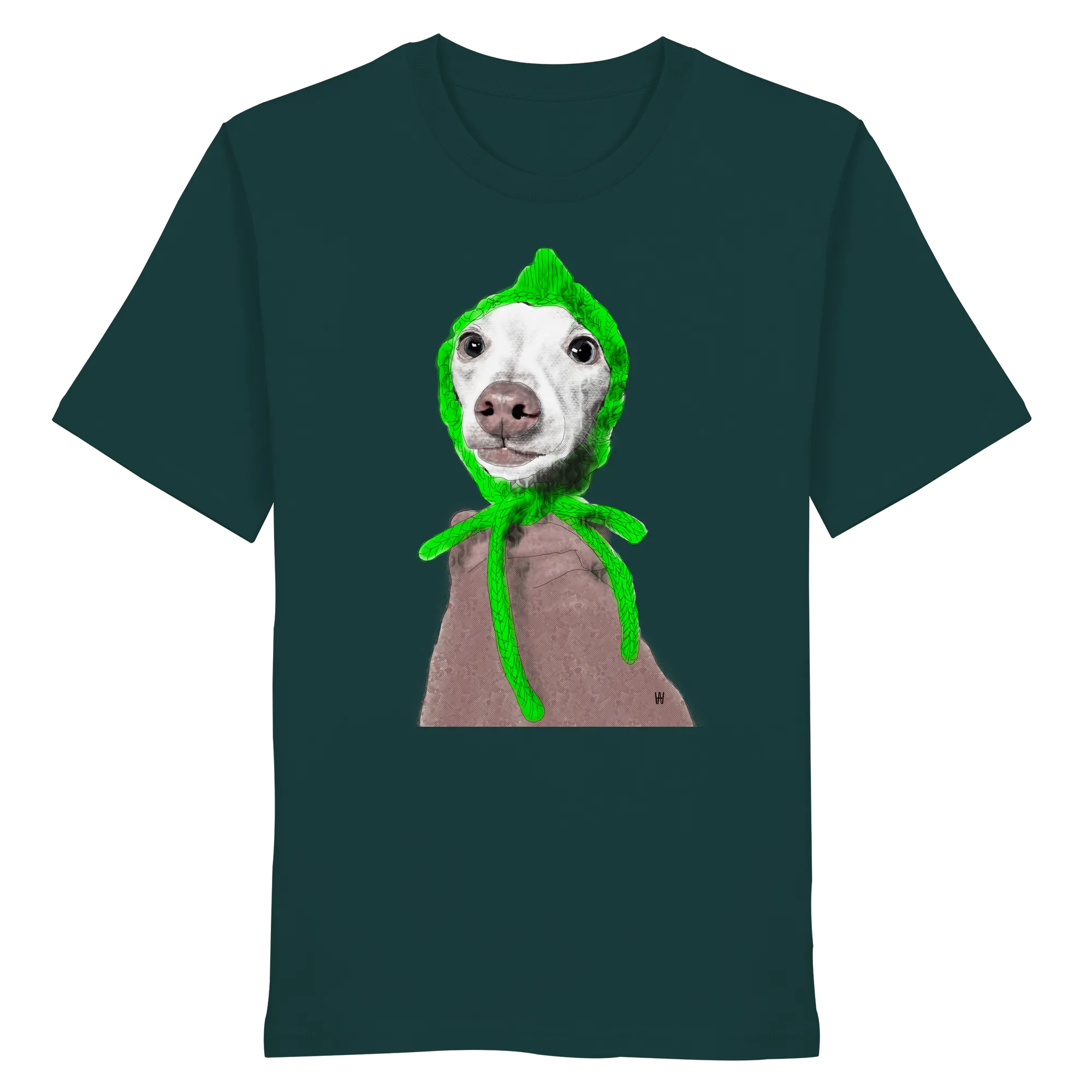 Handgezeichnete Iggy-Illustration "Geduldig" auf einem dunkelgrünen Bio-T-Shirt 