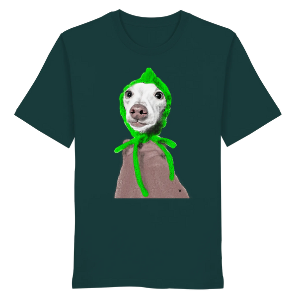 Handgezeichnete Iggy-Illustration "Geduldig" auf einem dunkelgrünen Bio-T-Shirt 