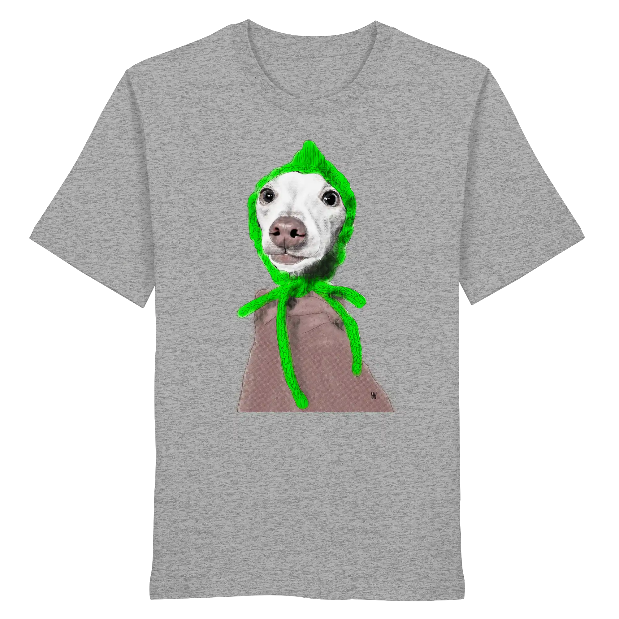 Handgezeichnete Iggy-Illustration "Geduldig" auf einem hellgraumelierten Bio-T-Shirt