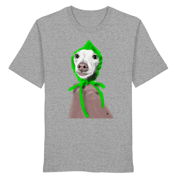 Handgezeichnete Iggy-Illustration "Geduldig" auf einem hellgraumelierten Bio-T-Shirt